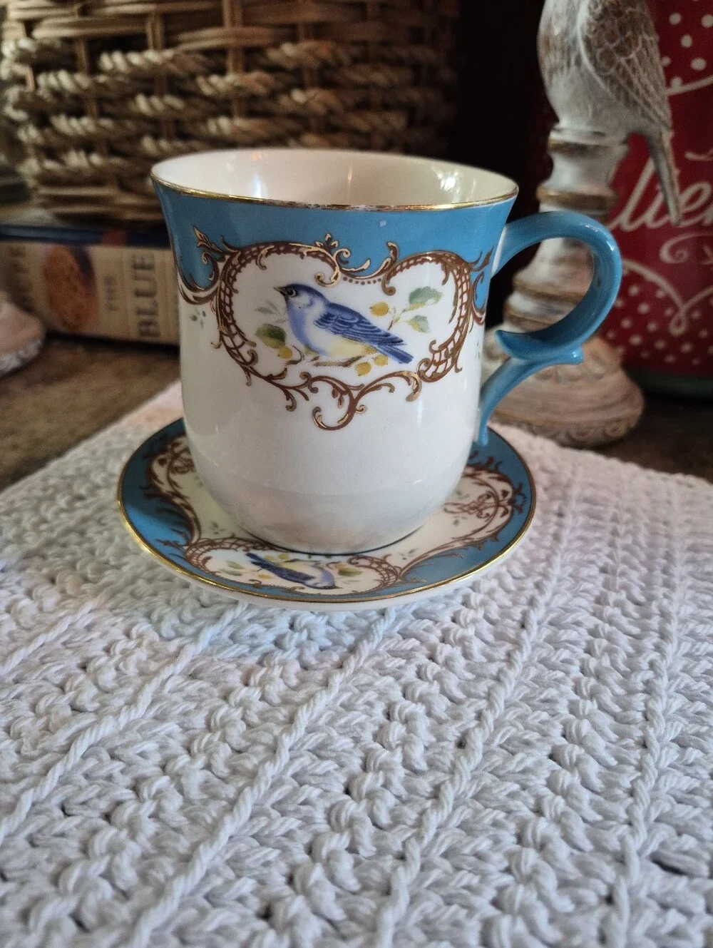 Vtg Gracie China Coastline Imports Teacup & Saucer Gold Scroll Blue Bird Pattern
